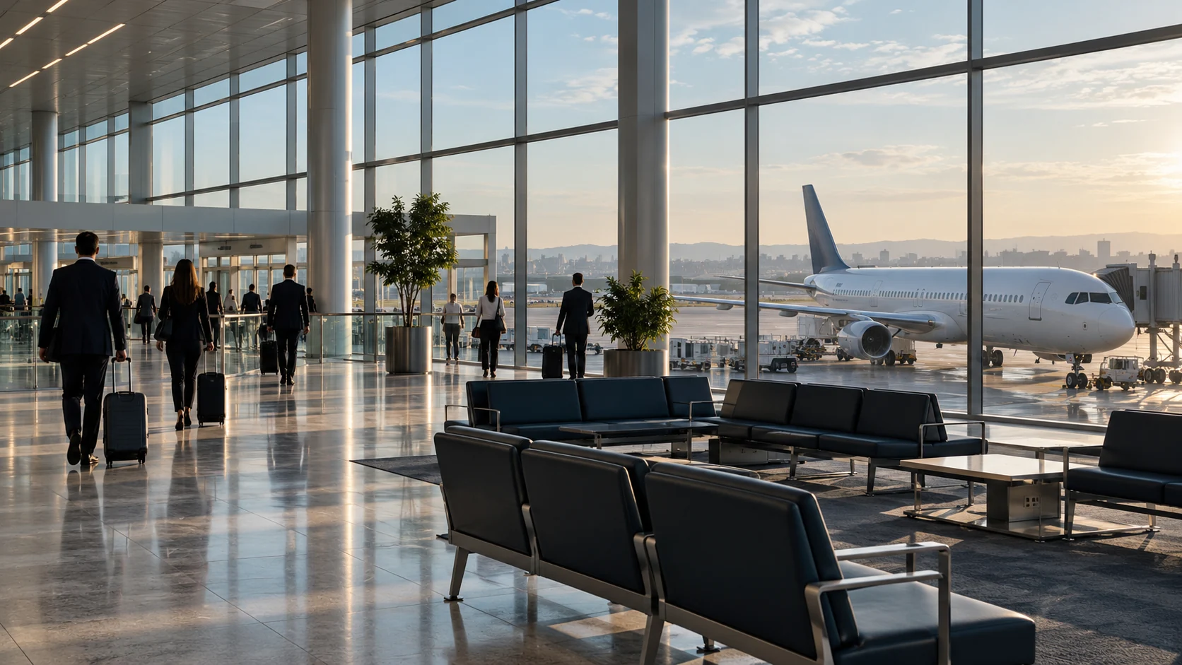 Sala de embarque de aeroporto com avião ao fundo, imagem ilustrativa de viagens corporativas